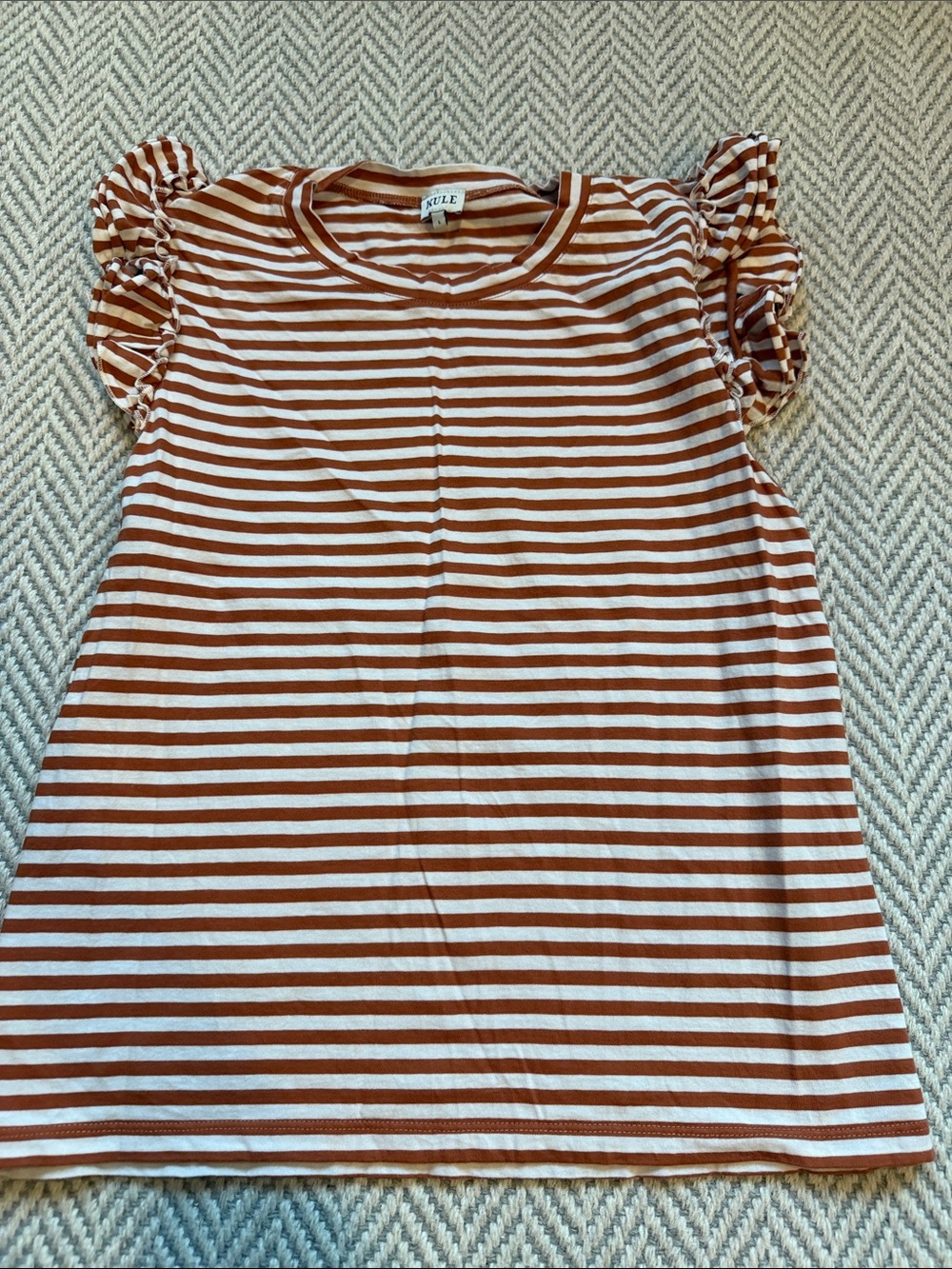 KULE Rust and White Striped Ruffle Sleeve Tee